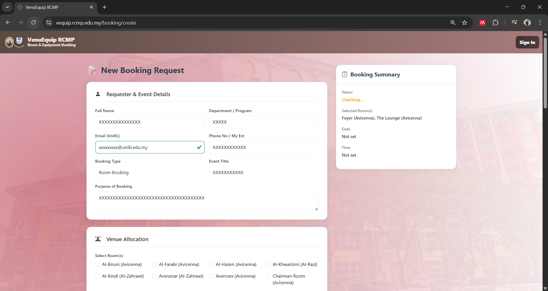New Booking Request form
