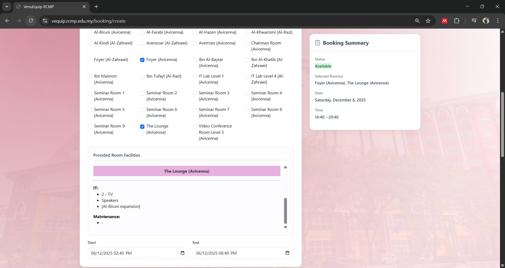 Room selection and booking summary